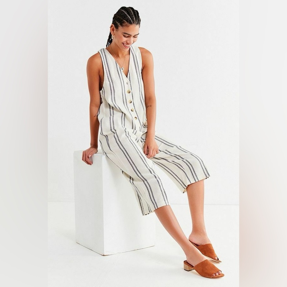 Urban Outfitters Striped Linen Button Front Jumpsuit Small | Beachy Minimalist